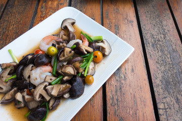 close up mushroom fried with shrimps.healthy food