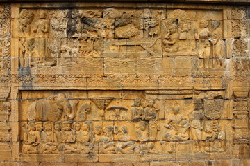 Relief of Borobudur temple in Yogyakarta, Java, Indonesia/Borobudur temple stupas near Yogyakarta, Java, Indonesia