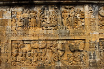 Relief of Borobudur temple in Yogyakarta, Java, Indonesia/Borobudur temple stupas near Yogyakarta, Java, Indonesia