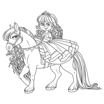 Cute little princess riding on a white horse outlined picture for coloring book on white background