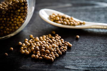 Coriander seeds on table