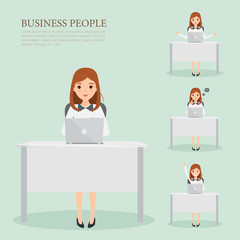 business woman working character at office desk. vector cartoon.