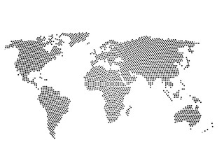 Black halftone world map of small dots in radial arrangement. Simple flat vector illustration on white background.