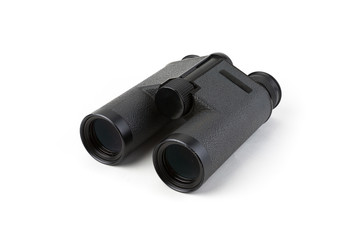 Black binoculars isolated on white background. Focus stacking. Extreme depth of field.