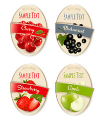 Set of labels of berries and fruit. Strawberry, blackcurrant, cherry, apple. Vector.