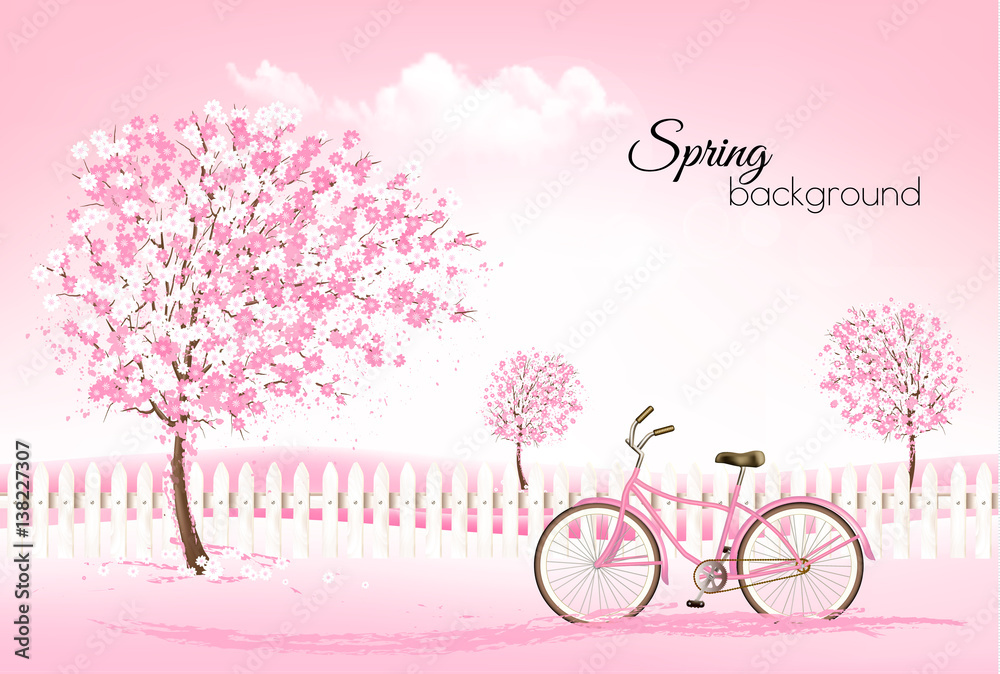 Poster beautiful spring nature background with a blossoming trees and landscaper. vector