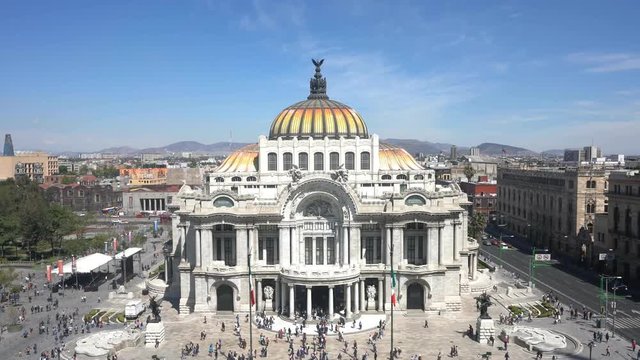 Aerial view, timelapse of the beautiful Fine Arts Palace (Palacio de Bellas Artes) of Mexico City, Mexico