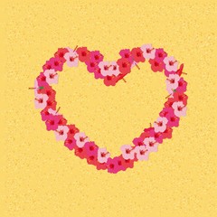 Heart of hibiscus flowers on a background of beach sand. Vector.