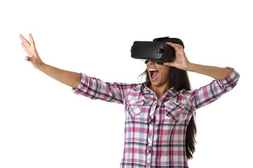 young attractive happy woman excited using 3d goggles watching 360 virtual reality vision enjoying