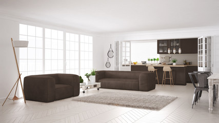 Minimalist white and brown living and kitchen, scandinavian classic interior design