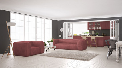 Fototapeta na wymiar Minimalist white and red living and kitchen, scandinavian classic interior design