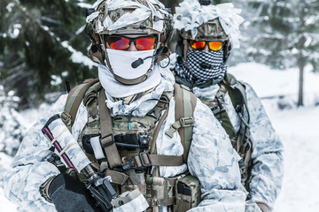 Winter arctic mountains warfare. Action in cold conditions. Soldiers with weapons in forest somewhere above the Arctic Circle © Getmilitaryphotos