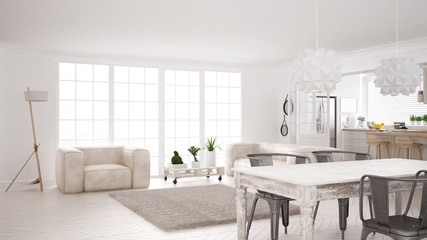 Minimalist white living and kitchen, scandinavian classic interior design