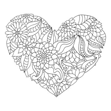 Hand drawn flower heart for adult anti stress colouring book.