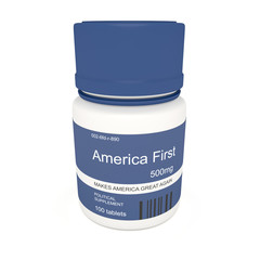 USA Politics Concept: Blue Pill Bottle America First, 3d illustration on white background