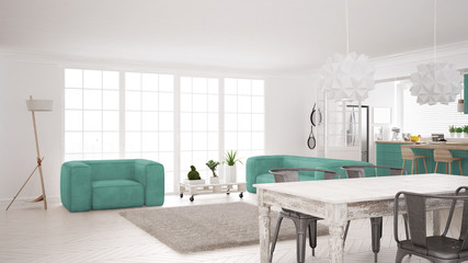 Minimalist white and turquoise living and kitchen, scandinavian classic interior design