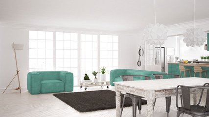 Minimalist white and turquoise living and kitchen, scandinavian classic interior design