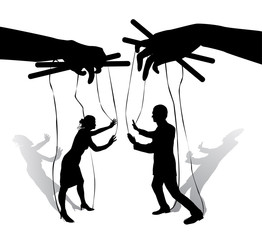Two human puppets talk and argue. Hands holding the strings with silhouettes of men and women