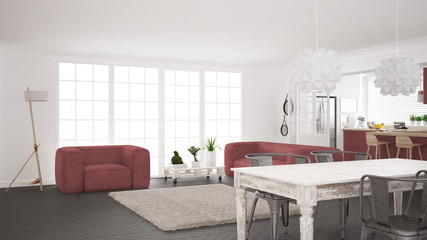 Minimalist white and red living and kitchen, scandinavian classic interior design