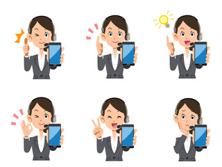 オペレーター　女性　スマートフォン　表情と仕草のセット
