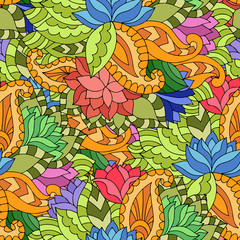 Colorful seamless pattern with lotuses, paisleys and leaves in gypsy style.