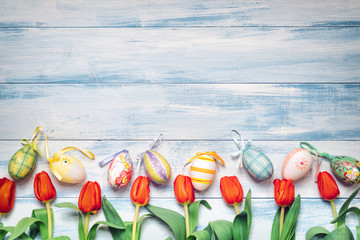 Easter -  Eggs And Tulips On Blue Board