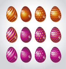 Rainbow vivid color Easter egg vector illustration set. Bright simple kid-style christian resurrection symbol. Egg life icon with assorted simple pattern and color