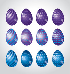 Rainbow vivid color Easter egg vector illustration set. Bright simple kid-style christian resurrection symbol. Egg life icon with assorted simple pattern and color