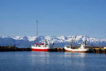 mountainous and snow-covered coast, in the port two fishing boats