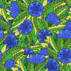 Colorful seamless pattern with cornflowers and leaves in gypsy style.