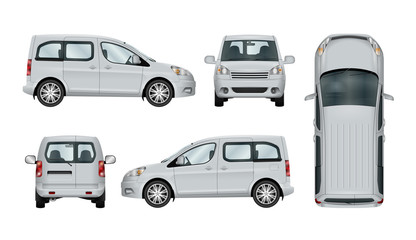 White service car template. Vector commercial vehicle isolated. The ability to easily change the color. View from side, back, front and top. All sides in groups on separate layers.