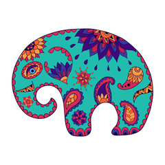 Fototapeta premium Hand drawn stylized baby cartoon elephant for adult anti stress colouring page. Colorful variant.