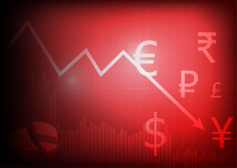 Vector :  Decreasing business graph with currency sign on red background