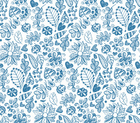 Hand drawn floral seamless summer pattern with flowers, hearts, ladybug.