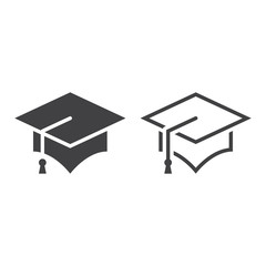 graduation cap line icon, outline and solid mortarboard vector sign, linear and full pictogram isolated on white, logo illustration