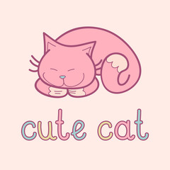 Vector illustration of cute sleeping cat on pink background.