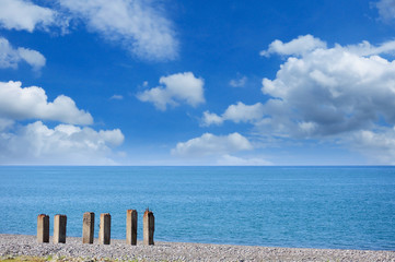 Fototapeta premium Concrete columns of an old decayed pier on the pebbly beach
