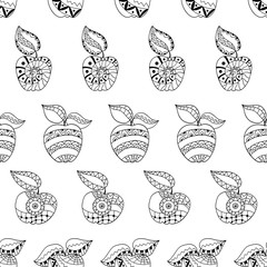 Hand drawn apples and leaves for anti stress colouring page. Seamless pattern for coloring book.