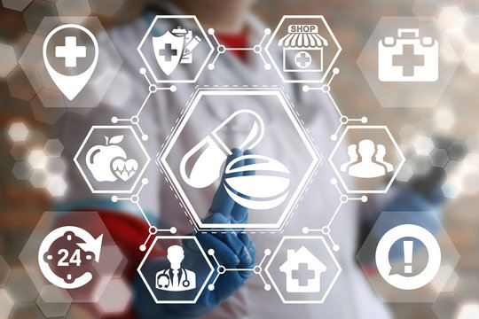 Pharmacy pill medicine health care web treatment support concept. Doctor touched drug icon on virtual medical screen. Medicament healthcare prescription ambulance first aid service help technology 