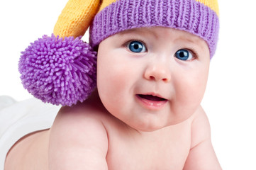 Beautiful happy cute laughing smiling baby infant face, isolated on white background