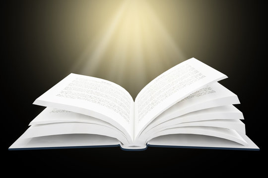 3D rendering of open book with bright light