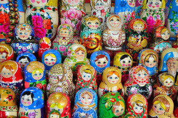 Russian wooden nesting dolls on a shelf in a store