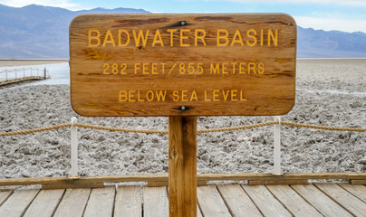 Sign at Badwater Basin, lowest point in the United States, in Death Valley National Park