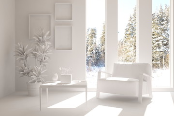 Fototapeta na wymiar White room with armchair and winter landscape in window. Scandinavian interior design