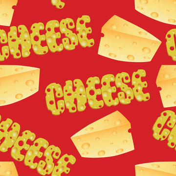 Cheese and cheese text. Seamless pattern. Composition for design menus, recipes, and product packages.