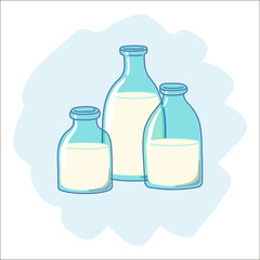 Three glass bottles of milk, drawn in cartoon style. Vector illustration.