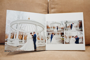 Pages of elegant wedding album and photo book.