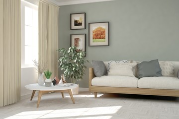 White room with sofa. Scandinavian interior design