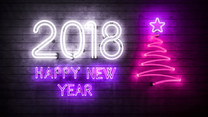 Obraz premium Happy New Year 2018. Neon shapes with lights, Christmas tree with a star.