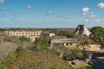 Fototapeta na wymiar Anicent mayan pyramid (Pyramid of the Magician, Adivino ) in Uxmal, Merida, Yucatan, Mexico